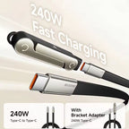 Basemo 240W Fast Charging Cable – Invisible Holder Sideways Charger with Bracket Stand, 90° L Shape Data Cable for iPhone & Type-C Devices
