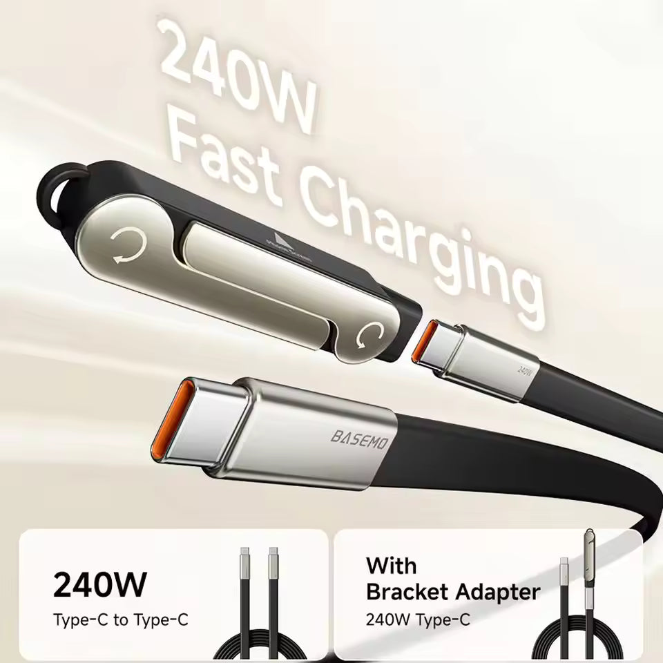 Basemo 240W Fast Charging Cable – Invisible Holder Sideways Charger with Bracket Stand, 90° L Shape Data Cable for iPhone & Type-C Devices