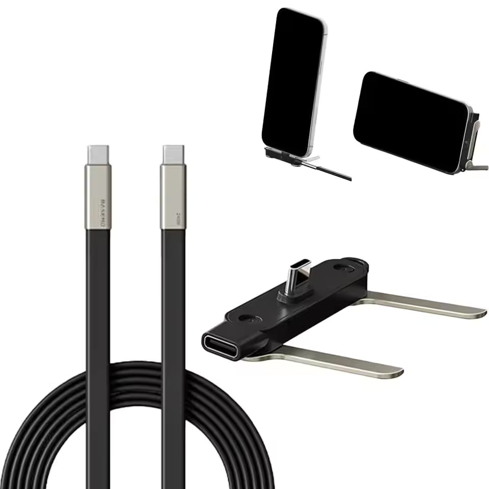 Basemo 240W Fast Charging Cable – Invisible Holder Sideways Charger with Bracket Stand, 90° L Shape Data Cable for iPhone & Type-C Devices