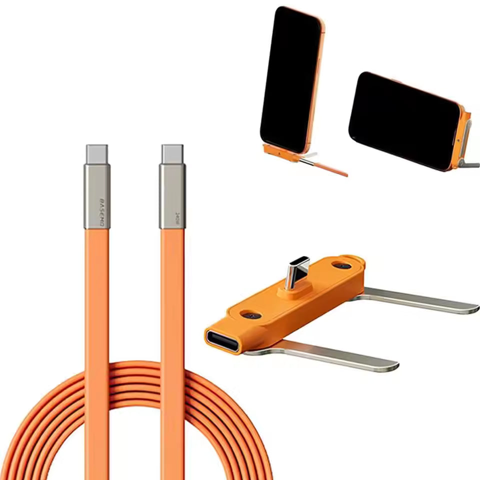 Basemo 240W Fast Charging Cable – Invisible Holder Sideways Charger with Bracket Stand, 90° L Shape Data Cable for iPhone & Type-C Devices