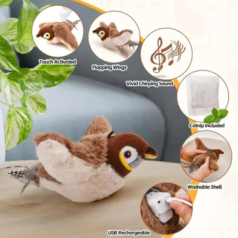 Rechargeable Chirping Flapping Bird Cat Toy – Touch Activated Plush Pet Toy for Cats & Dogs (No Flying)